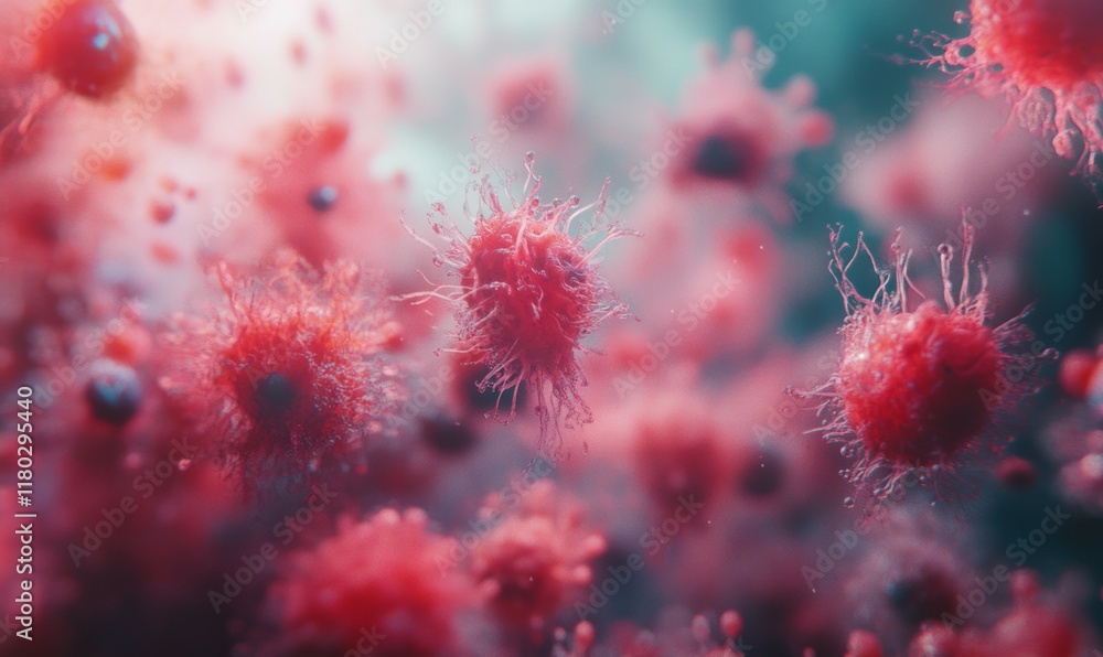 Poster close up of a bunch of red bacteria. the bacteria are in a blurry, fuzzy state, and the image has a 