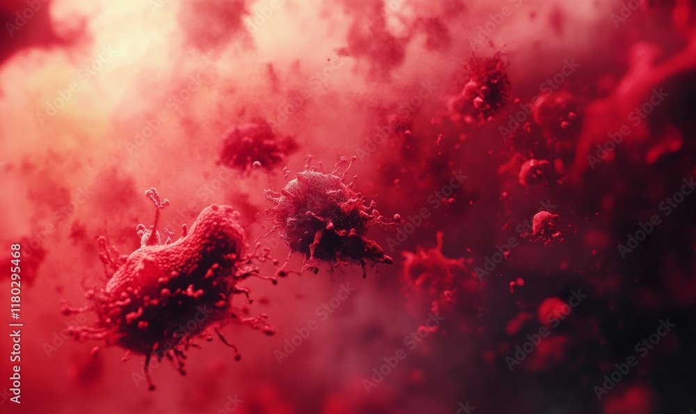 Poster close up of a bunch of red bacteria. the bacteria are in a blurry, fuzzy state, and the image has a 
