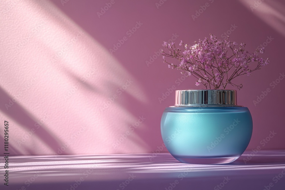 Poster a blue vase filled with various flowers on a table or shelf