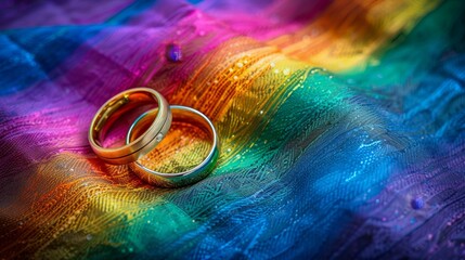 Gold wedding rings on rainbow flag symbolizing lgbt rights and same sex marriage celebration