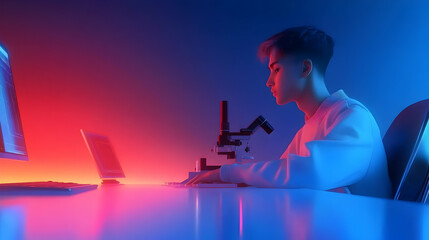 Teenager studying science, using microscope and laptop, illuminated with red and blue light, website coding visible on desktop monitor;  educational, science, technology stock photo.