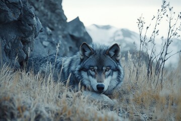 Obraz premium Wolf lying near rock