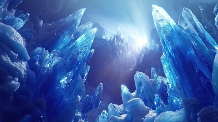 Fototapeta premium Ice crystals in a cave with light behind for web design or fantasy background