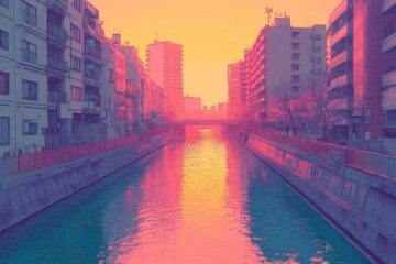 Obraz premium Serene Urban Canal at Sunrise with Reflection of Buildings and Vibrant Sky Creating a Tranquil Atmosphere in a Bustling Cityscape Environment