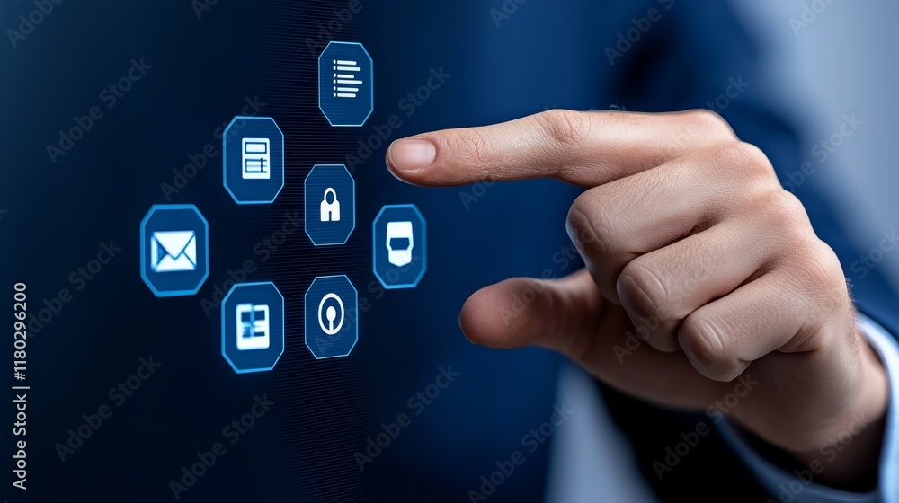 Poster a zoomed-in view of a hand manipulating a cutting-edge digital interface, highlighting advancements 