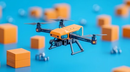 Drone Delivery: Representing the future of automated logistics, a compact orange drone flies above a network of packages, ensuring swift and contact-free delivery.