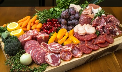 Colorful assortment of meats and vegetables for culinary exploration.
