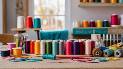 Creative and vibrant tabletop image: A DIY crafting station with sewing materials, colorful threads, scissors, and patterns neatly arranged. Background includes a blurred glimpse of a cozy home worksh