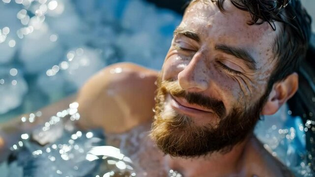 A man using an ice plunge pool bath for recovery after sports exercise.