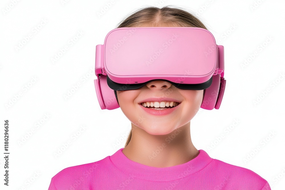 Poster a cheerful woman with a positive expression, wearing a virtual reality headset, embodies concepts of