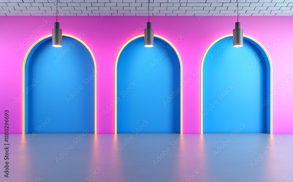 Poster an abstract neon background in a 3d render, showcasing a blank frame, a virtual reality screen, ultr