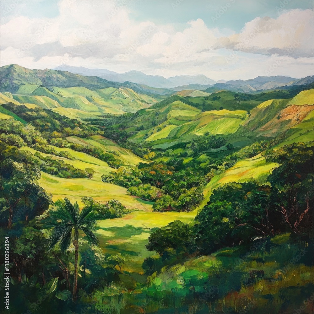 Aufkleber a serene landscape image of a green valley with mountains in the background, suitable for use in tra