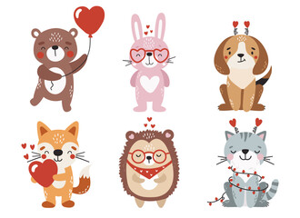 Love animals set isolated, cute valentines animals, kids illustrations