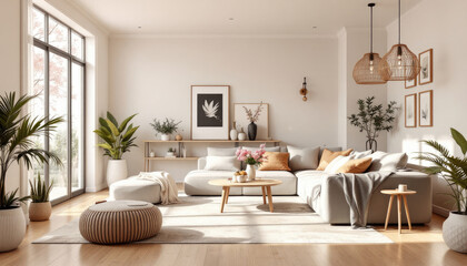 Modern japandi living room with large windows, a gray sectional sofa, a coffee table, and various decorative elements such as plants, vases, and artwork.
