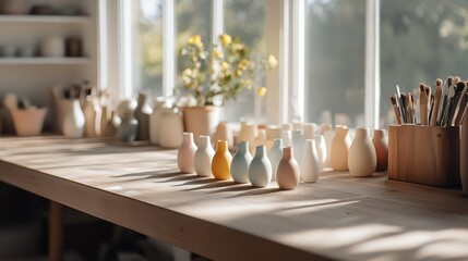Sunlit pottery graces a wooden table by a large window, showcasing a peaceful studio filled with warmth, creativity, and artistic charm.