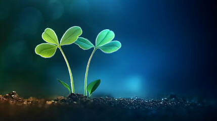 Two young plants sprout from dark soil against a blurred blue background;  representing growth, nature, and new beginnings; ideal for environmental or sustainability campaigns.