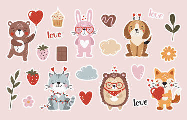 Love animals stickers, cute valentines animals, kids illustrations