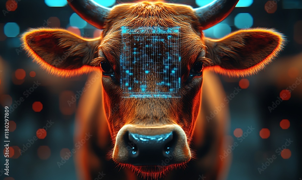 Aufkleber a digitally enhanced cow with a glowing circuit pattern on its forehead.