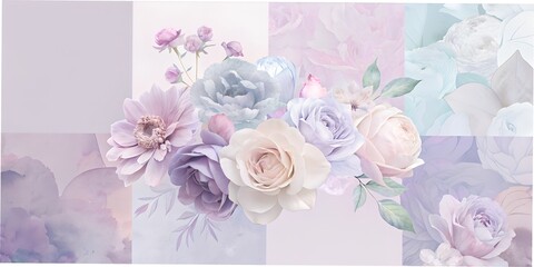 Delicate arrangement of pastel flowers creating a serene and calming backdrop emphasizing subtle beauty in a whimsical garden