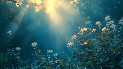 Sunlight streaming through a meadow