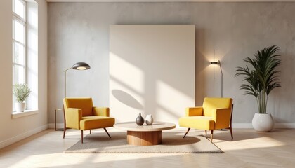 Modern art deco interior living room with a large window, two yellow armchairs, a coffee table, and a large white wall.