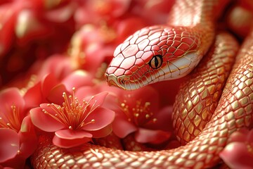 Obraz premium Close-up photo of a snake surrounded by flowers