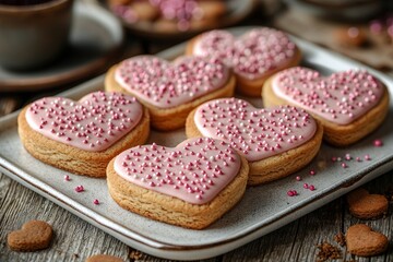 Valentines Day cookies in the shape of hearts, featuring pink and white frosting and sprinkles, captured from an overhead shot on a serving plate, set against a white wood backdrop