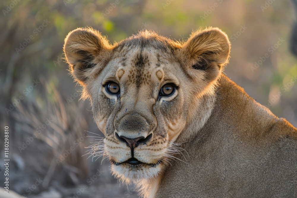 Poster close-up shot of a lion's face with blurred background