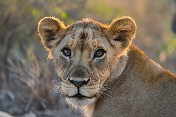 Close-up shot of a lion's face with blurred background