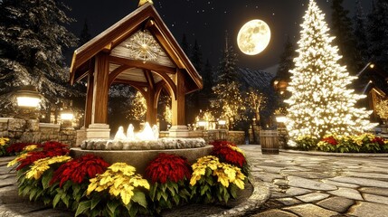 Snowy Christmas gazebo fountain with lights.