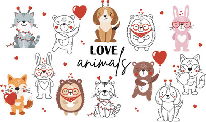 Love animals set isolated, cute valentines animals, kids illustrations