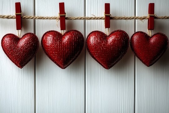 White painted wooden background adorned with a garland of red hearts. Natural rope and clothespins are featured. The concept embodies recognition of love and romantic relationships, celebrating