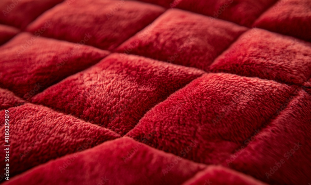 Poster close up of a red quilt with a pattern of squares. the quilt is made of a soft, plush material and h