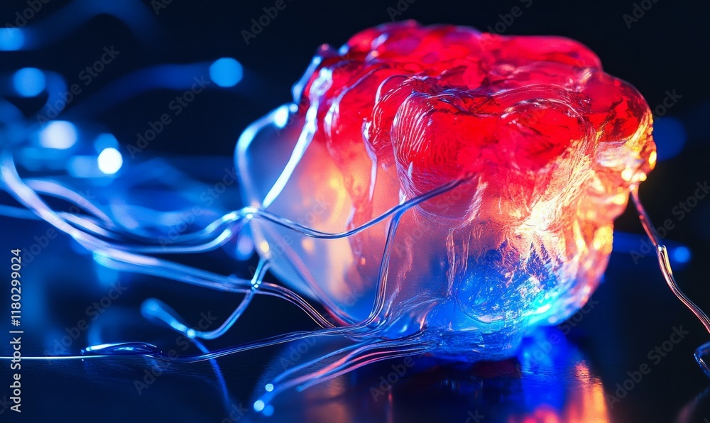 Aufkleber close up of a red and blue blob with a lot of wires coming out of it. the blob is glowing and looks 