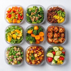 Colorful meal prep containers arranged in a grid, featuring a variety of healthy foods like vegetables, grains, and protein.