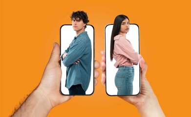 A couple in love uses their smartphones to maintain communication. Each partner is seen on a...