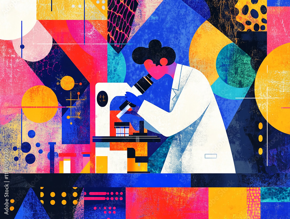 Aufkleber Abstract scientist using a microscope in a colorful geometric background