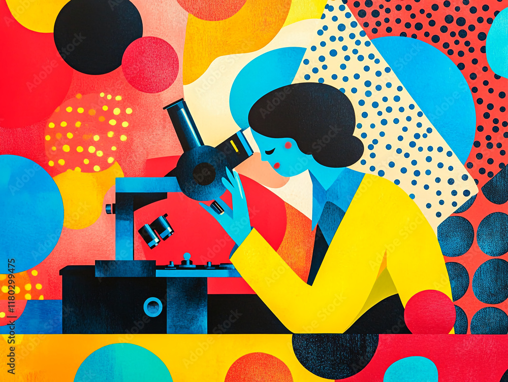 Aufkleber Abstract illustration of a scientist using a microscope in a colorful design
