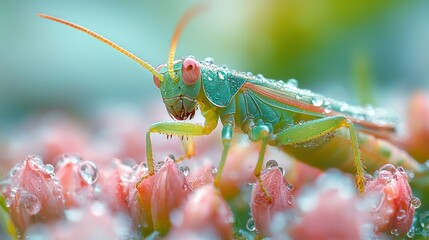 Naklejka premium Close-up of a vibrant grasshopper on flowers