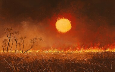 A dramatic landscape of a wildfire overtaking a dry savanna under a hazy red sun