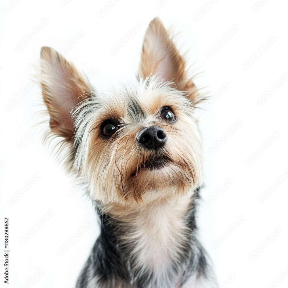Poster a close-up shot of a small dog sitting on a white background, great for pet-related use or as a neut