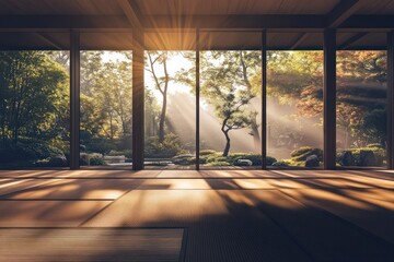 Fototapeta premium Sunlit Zen Garden Pavilion Interior Sunrise