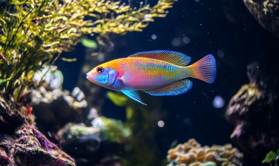 Fototapeta premium Colorful fish swimming in a tropical reef with various aquatic plants.