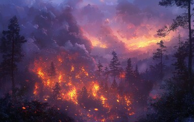 A forest engulfed in flames with smoke rising high into the sky and glowing embers scattering