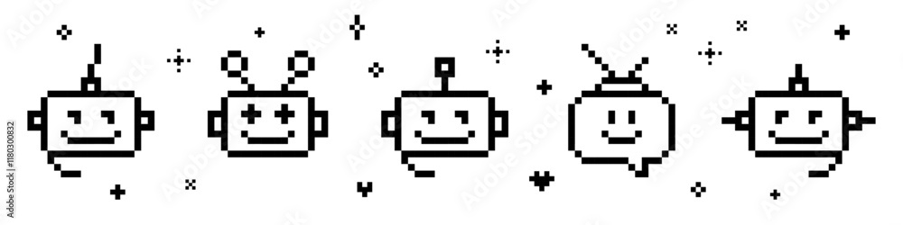 Poster a set of smiling bot pixel art icon. robot head support service pattern. cute chatbot 8 bit emoji. v