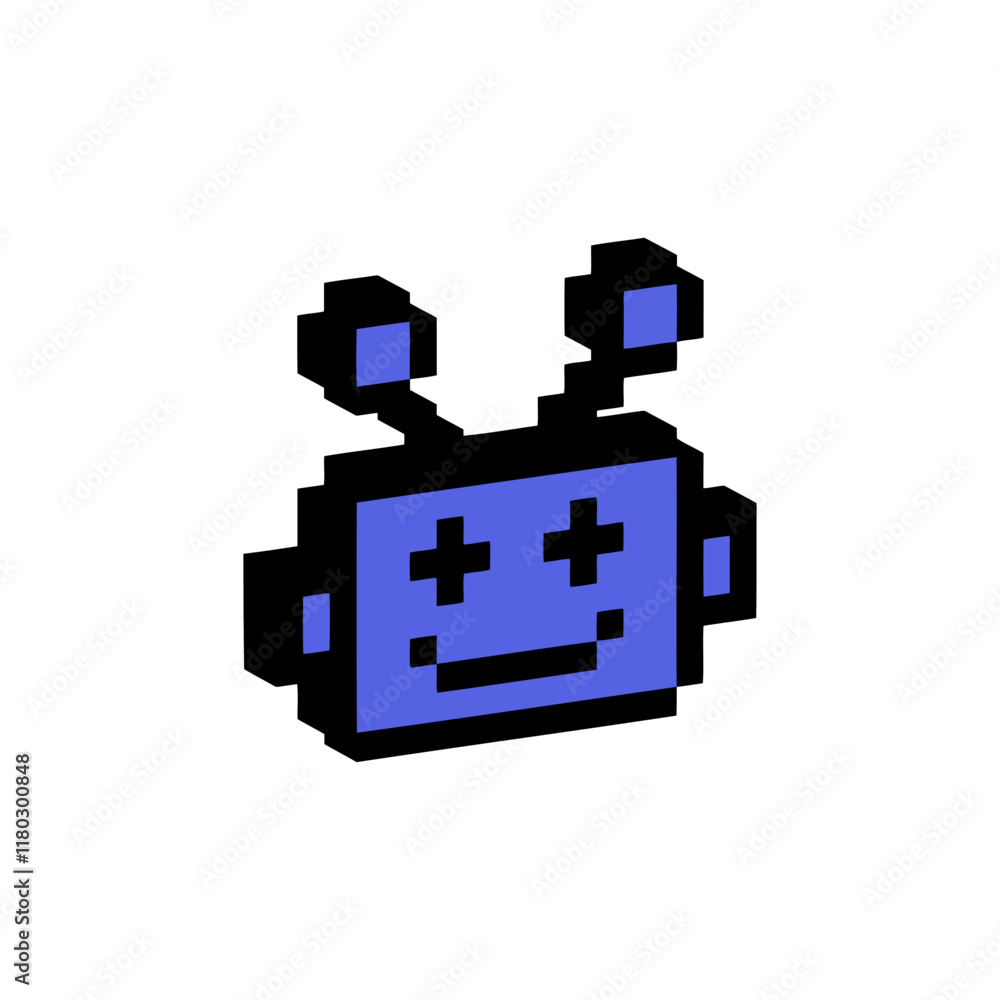 Poster y2k bot pixel art icon. 3d vector element. robot head. chatbot 8 bit emoji. vintage retro sticker. g