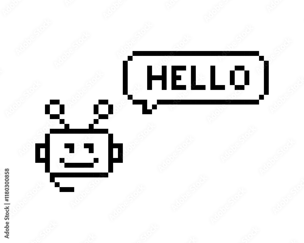Poster cute bot support service pixel art icon. robot head answering. speech bubble hello. chatbot 8 bit em