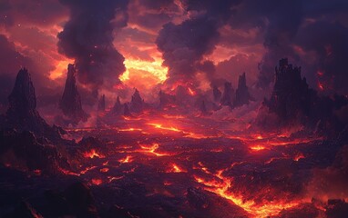 A glowing red lava field under a dark, smoky sky with intense heat waves rising