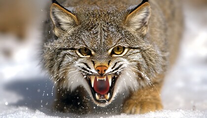 Obraz premium A fierce wildcat snarling in a snowy environment, showcasing its sharp teeth.