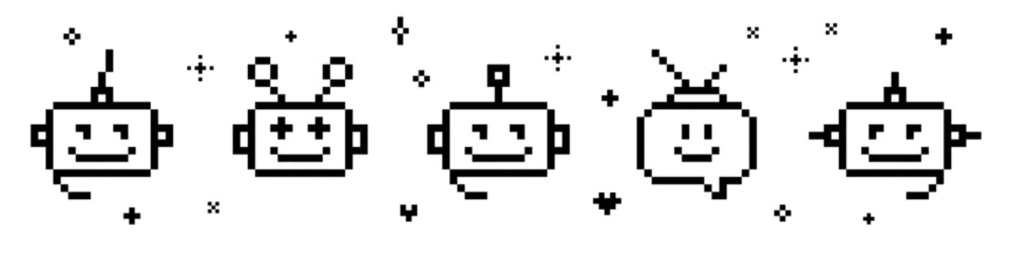 A set of smiling bot pixel art icon. Robot head support service pattern. Cute chatbot 8 bit emoji. Vintage retro sticker. Editable pixel vector illustration. Game abstract element. Y2k geometric shape